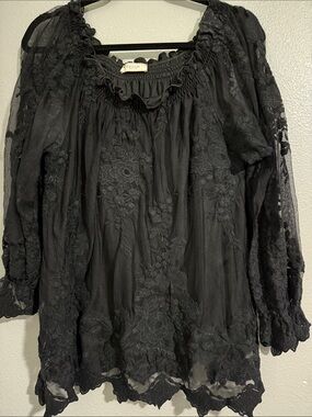 Fifilles Paris Sheer Black Lace Peasant Top -